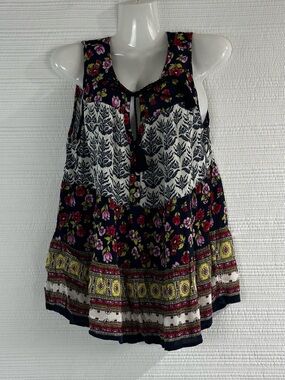 Bila Floral Patchwork Tie-Front Navy, White & Yellow Tank Boho Festival SZ M